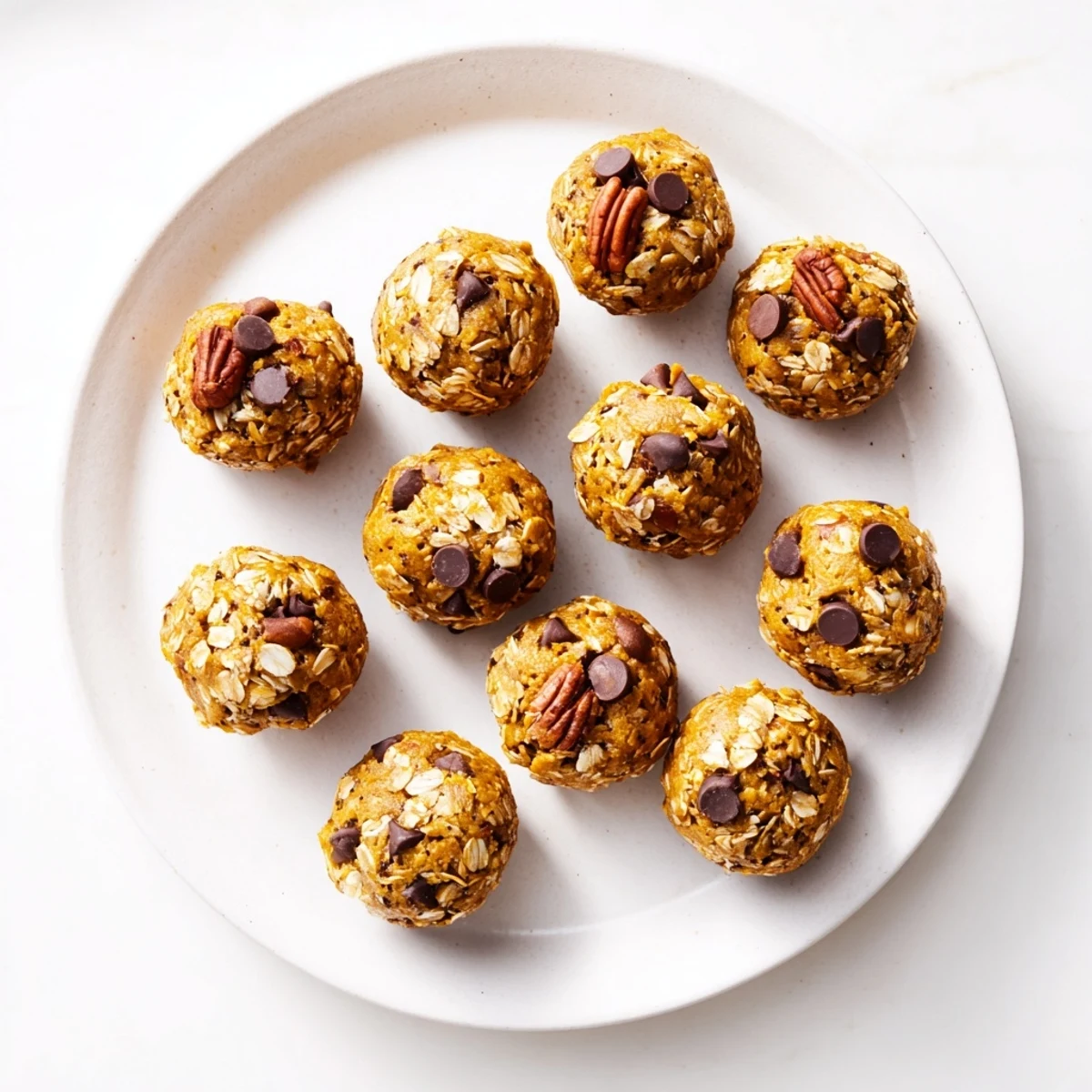 A serving plate displays chilled No Bake High Protein Pumpkin bites, perfect for a post-workout snack with a tall glass of milk.