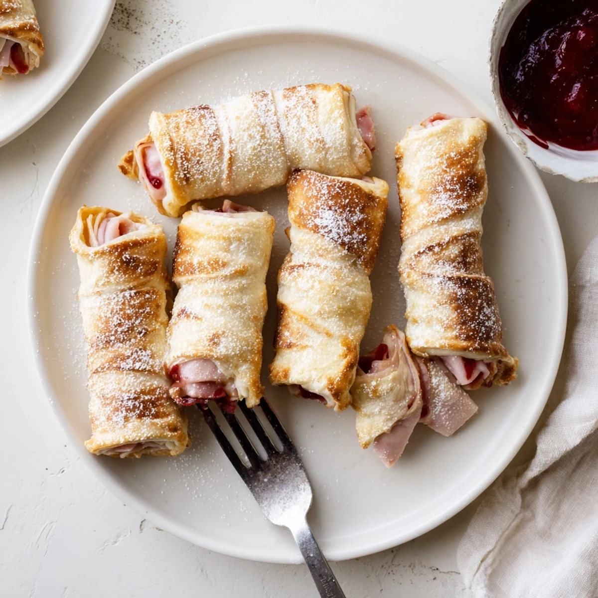 Golden Monte Cristo Roll Ups with powdered sugar dusting, served with raspberry jam, on a white plate.  