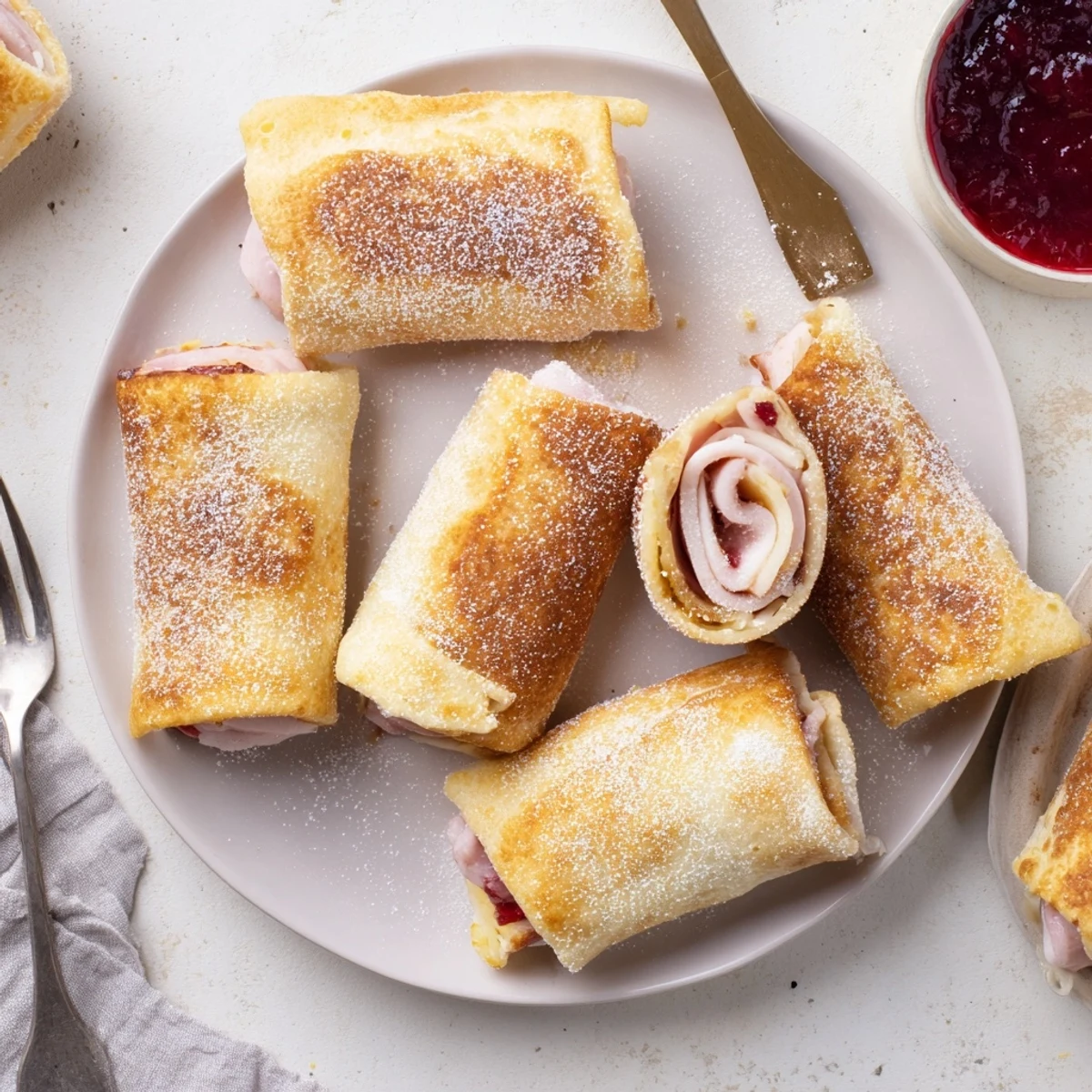 Warm Monte Cristo Roll Ups, golden-brown and pan-fried, ready to dip in sweet raspberry jam.