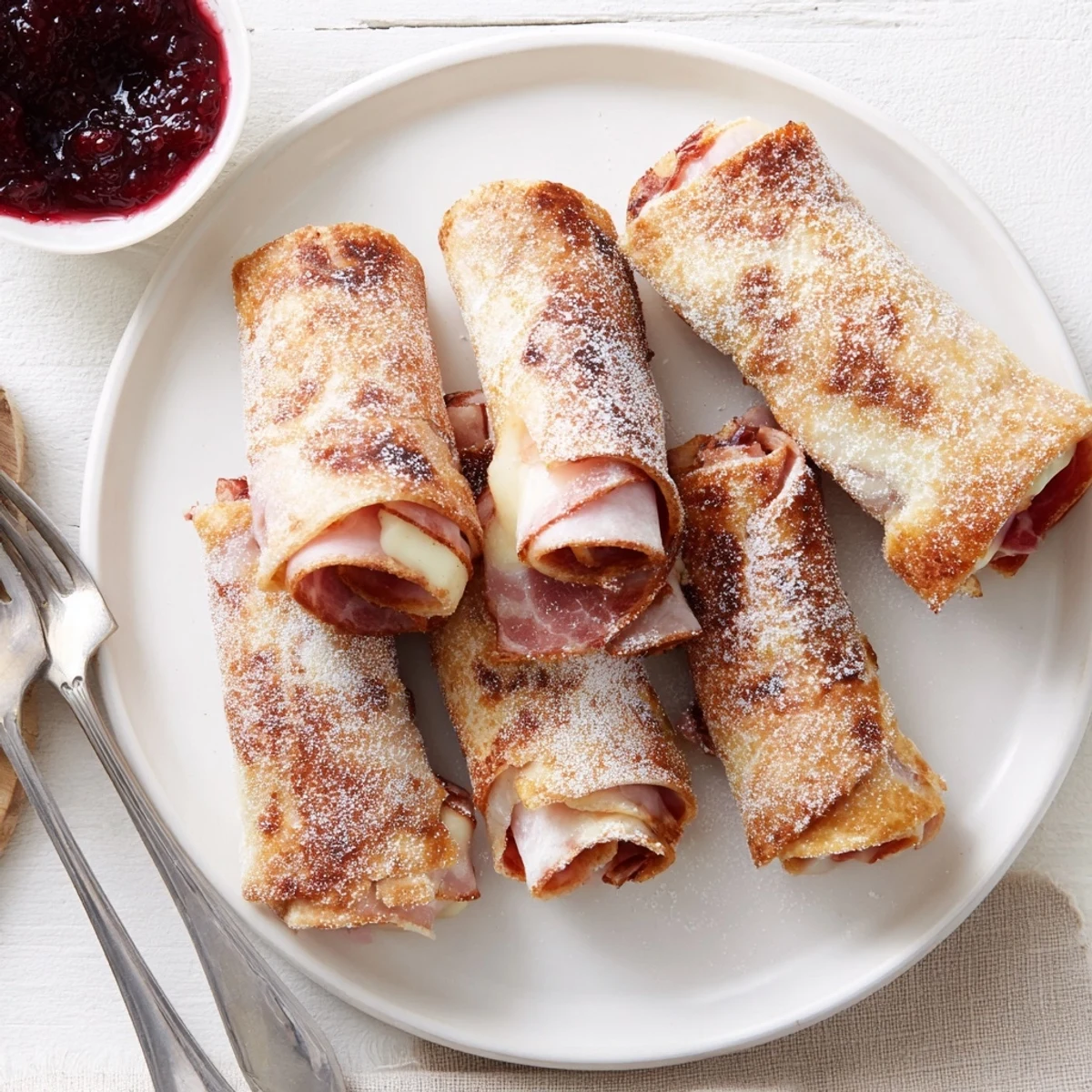 Monte Cristo Roll Ups rolled with ham, turkey, and Swiss cheese, fried until crispy for brunch.  