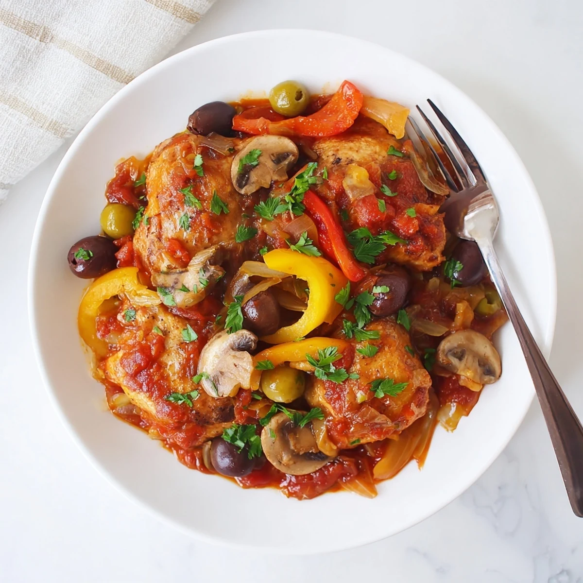 Garnished with parsley, this Slow Cooker Chicken Cacciatore is served in a rustic bowl with creamy polenta.