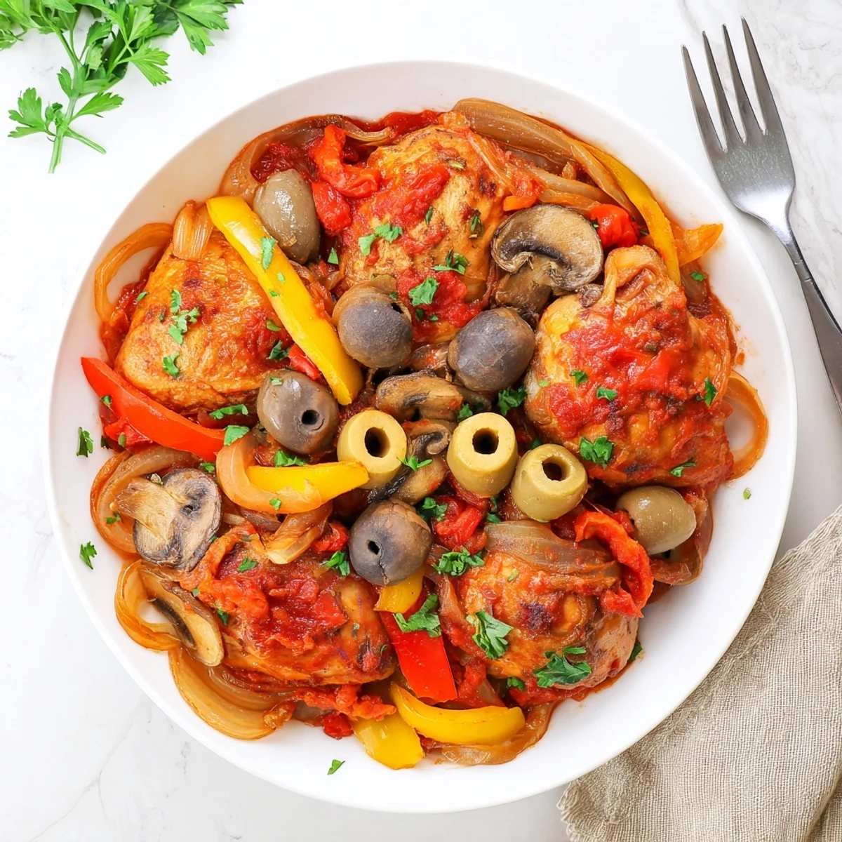 The Slow Cooker Chicken Cacciatore features tender chicken thighs swimming in a rich, chunky tomato and pepper sauce.
