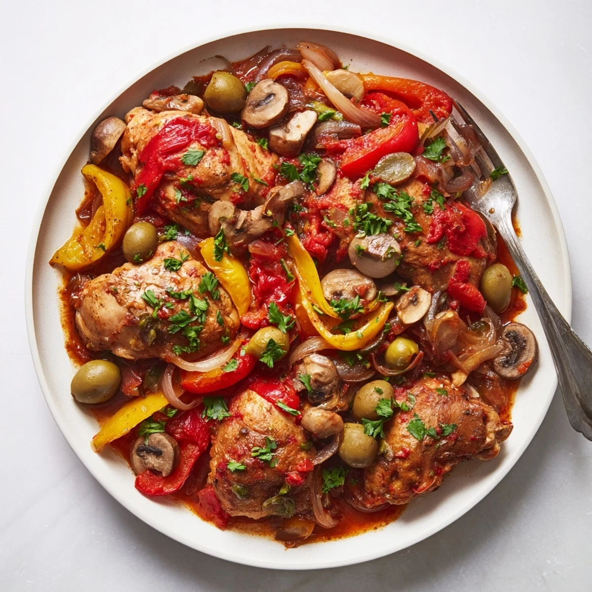 A hearty spoonful of Slow Cooker Chicken Cacciatore paired with crusty bread for dipping into the savory sauce.