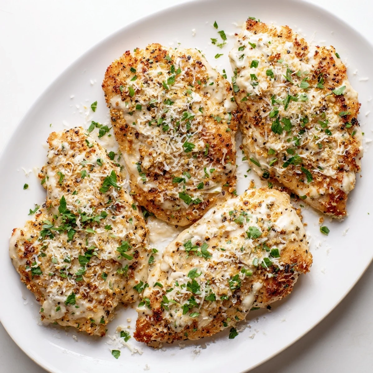 Juicy Longhorn Steakhouse Parmesan Crusted Chicken rests on a white plate beside creamy mashed potatoes.