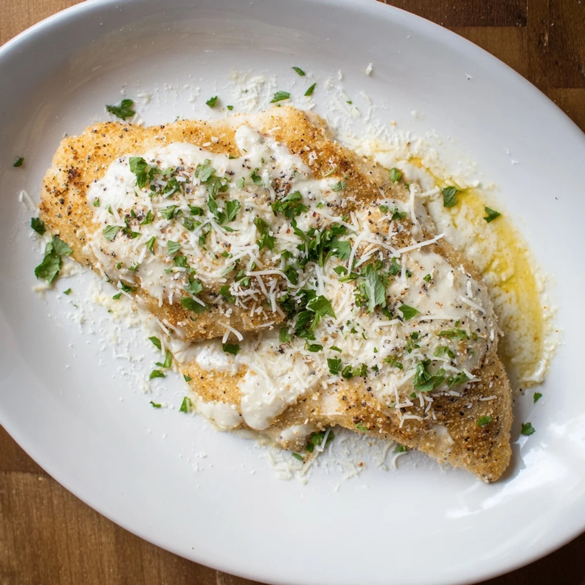 Golden brown Longhorn Steakhouse Parmesan Crusted Chicken is topped with melted cheese and fresh parsley garnish.