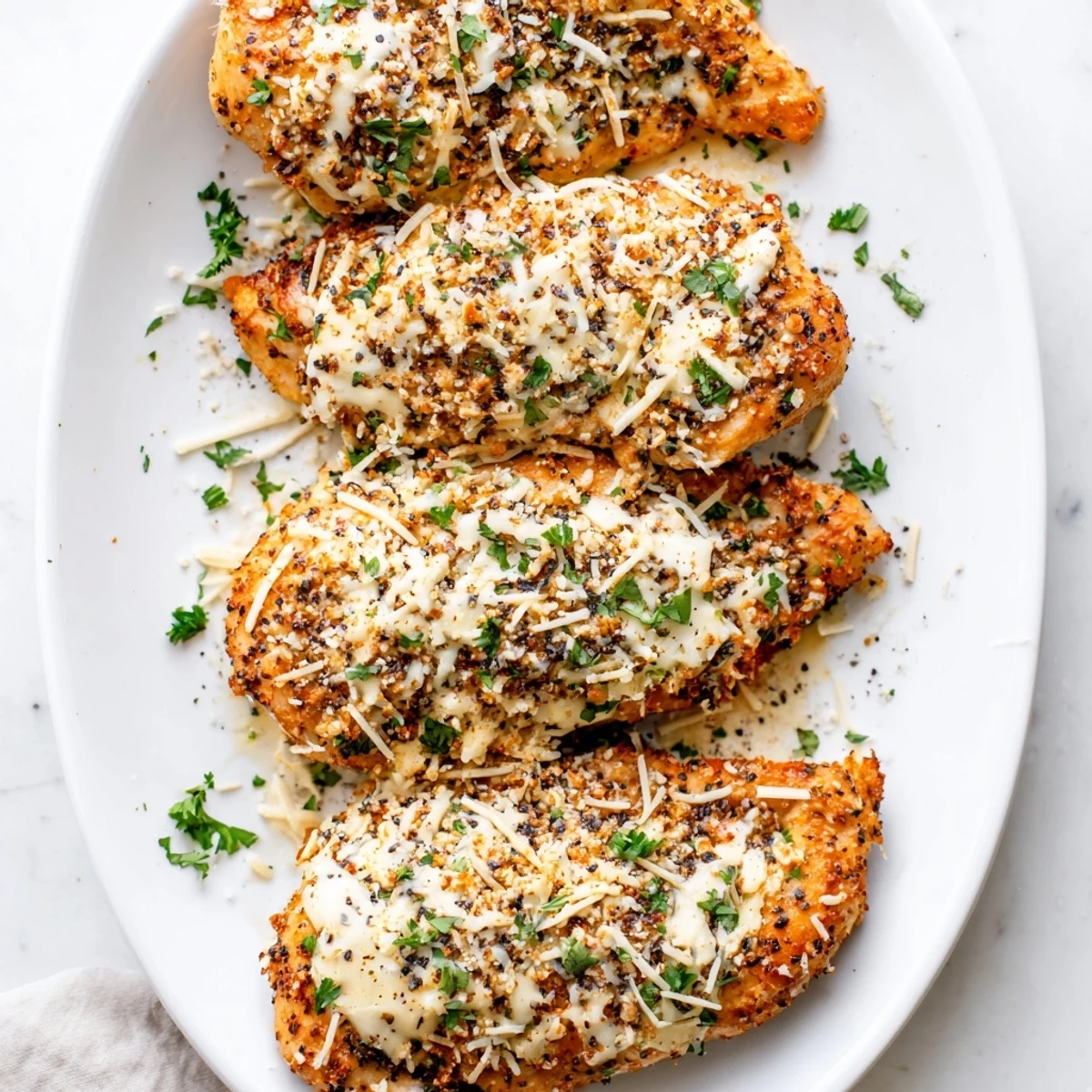 Sliced Longhorn Steakhouse Parmesan Crusted Chicken reveals a tender interior with a crispy panko and Parmesan crust.