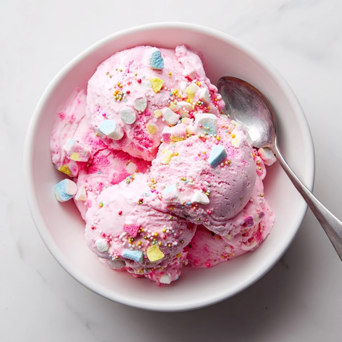 Creamy homemade No Churn Bubblegum Ice Cream served in a scoop with colorful sprinkles and candy pieces.