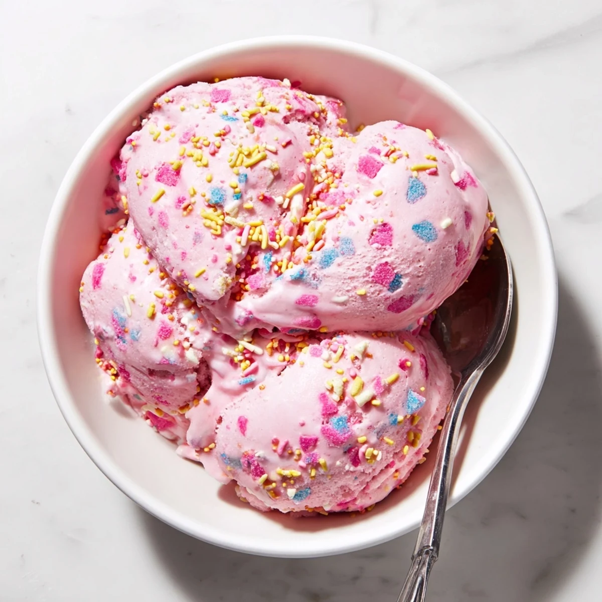 A bowl of No Churn Bubblegum Ice Cream reveals pink and blue swirls, perfect for summer parties.