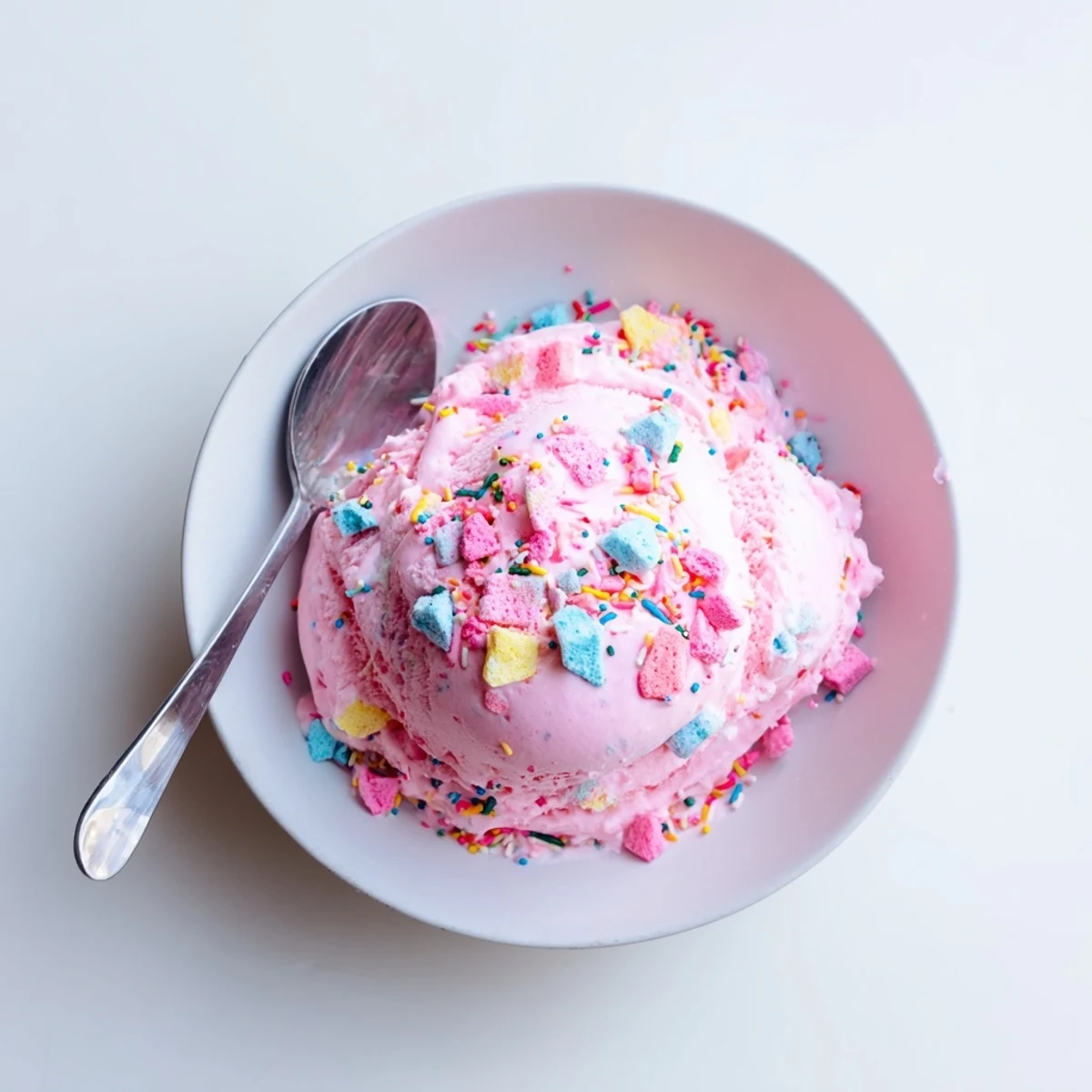 No Churn Bubblegum Ice Cream in a vintage metal tin garnished with bubblegum pieces and a cheerful spoon.