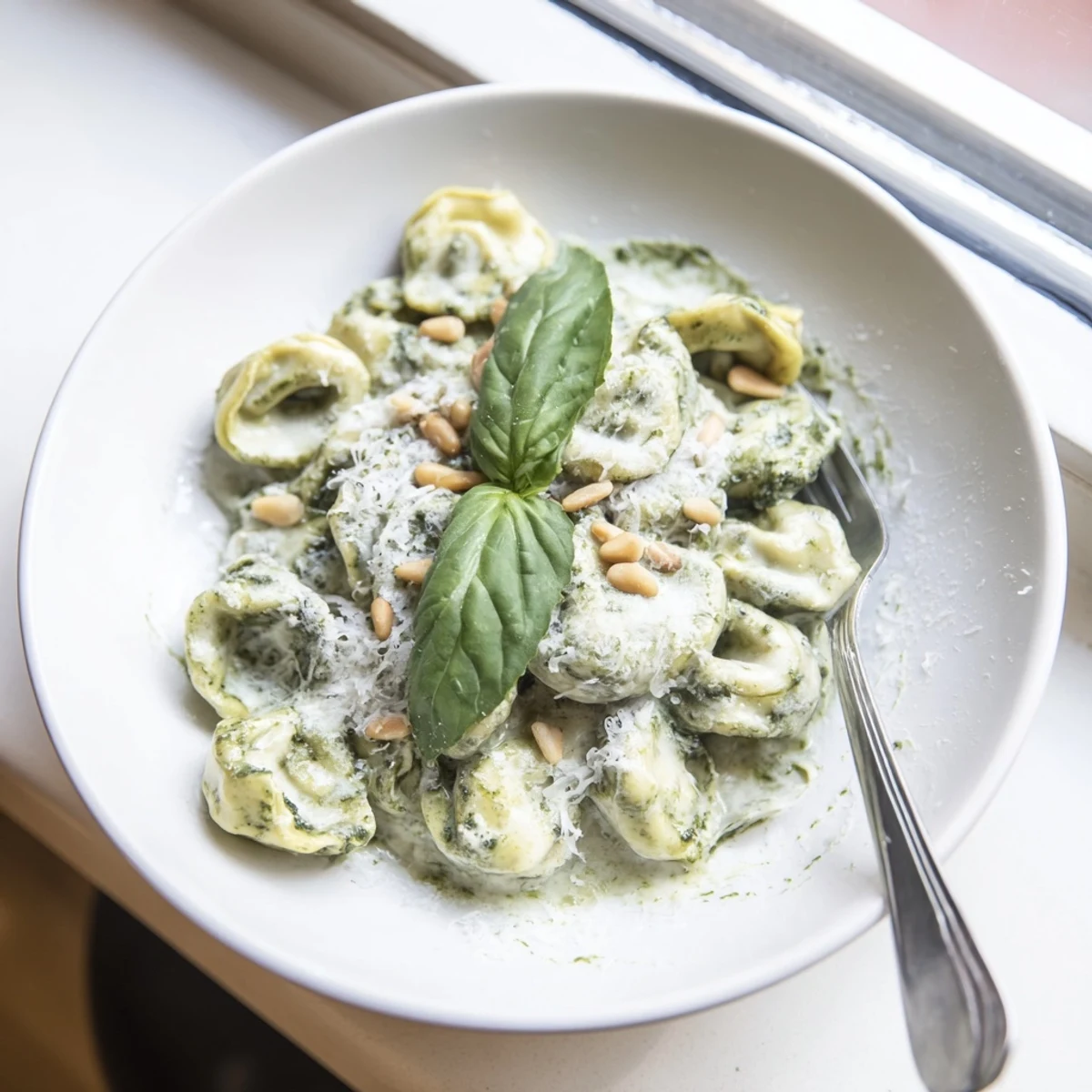 Steaming bowl of Pesto Alfredo Tortellini topped with pine nuts and extra Parmesan on a rustic table.