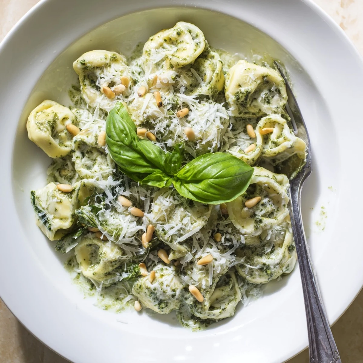 Close-up view of cheesy Pesto Alfredo Tortellini in a rich basil cream sauce, ready to serve.