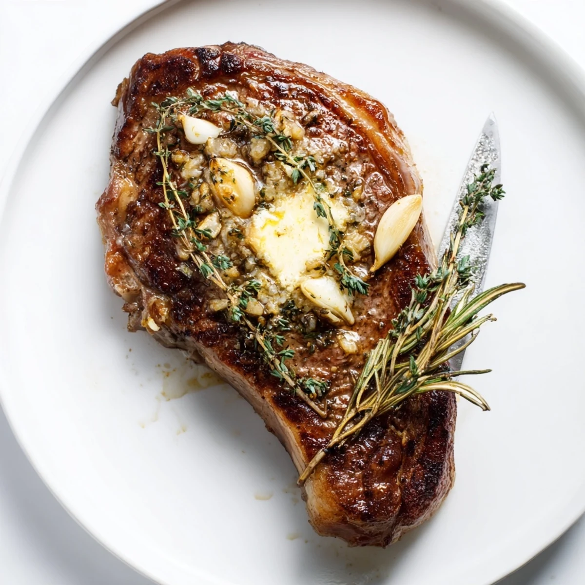 A perfectly seared Pan Seared Ribeye Steak rests on a cutting board, glistening with melted garlic butter and fresh herbs. 