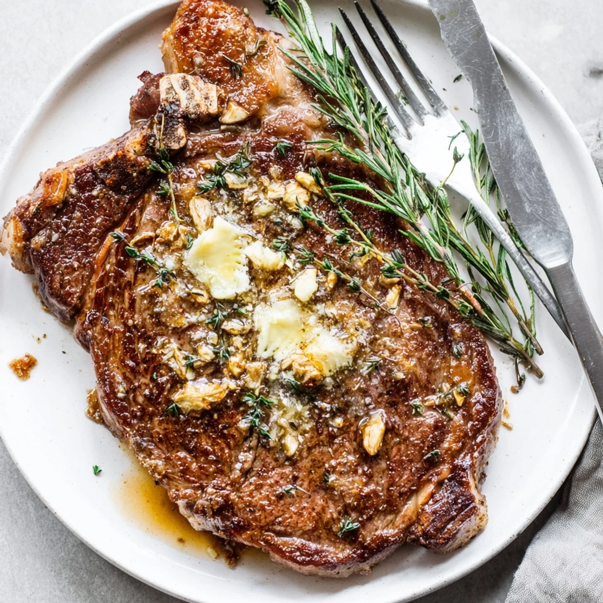 Juicy Pan Seared Ribeye Steak shows a dark caramelized crust, with rosemary sprigs and garlic cloves in the skillet. 