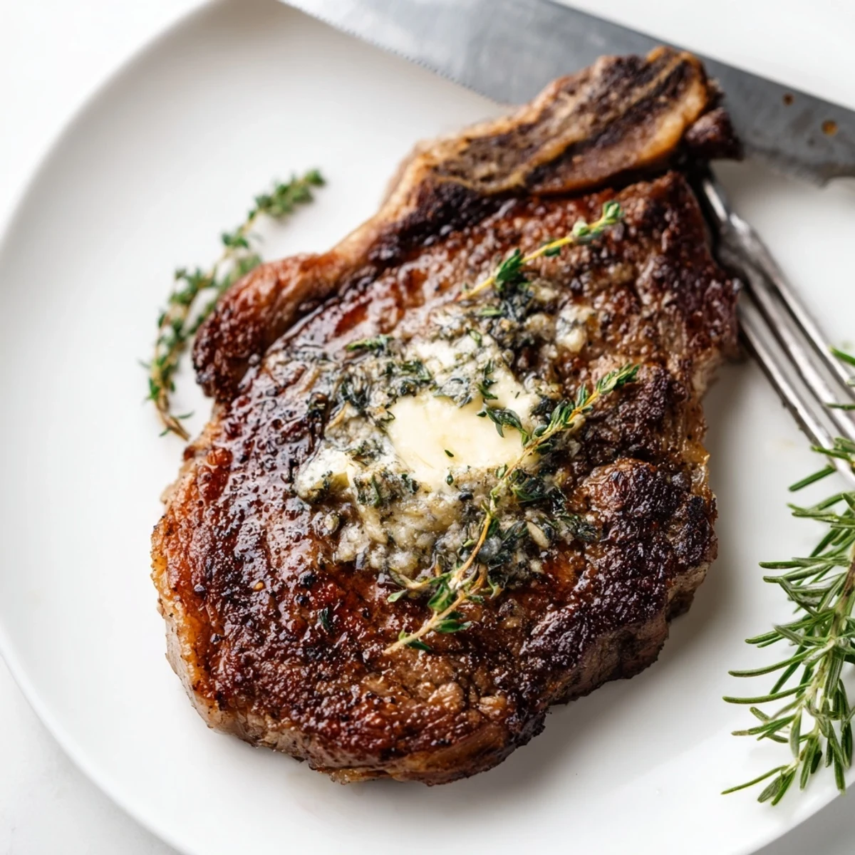 Sliced Pan Seared Ribeye Steak reveals a pink center, served alongside roasted vegetables and drizzled with herb butter.