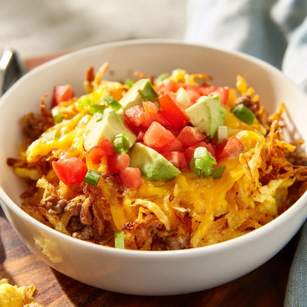 Crispy golden hash browns topped with fluffy scrambled eggs and savory sausage in this hearty Hash Brown Breakfast Bowls.