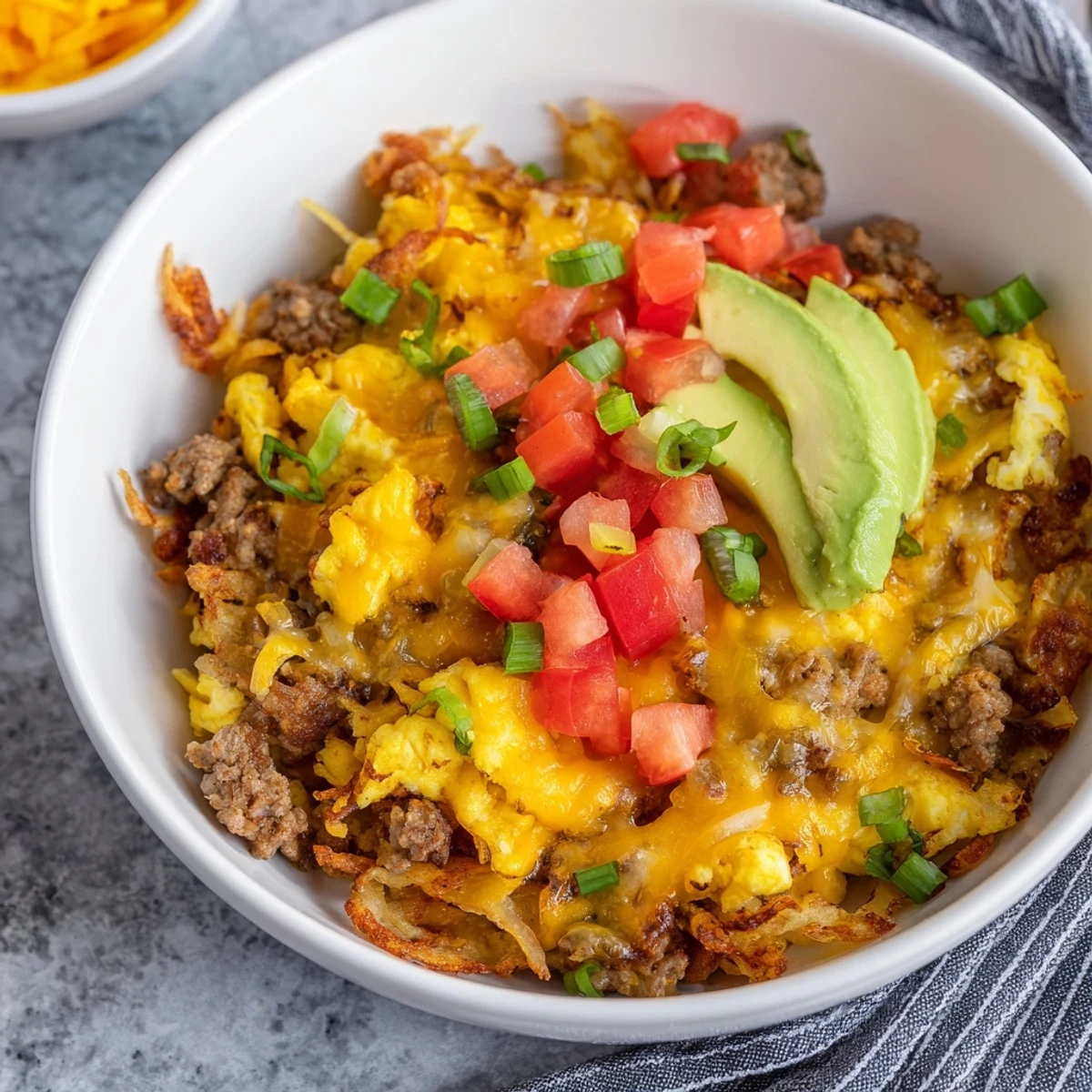 Delicious Hash Brown Breakfast Bowls served with cheddar cheese, diced tomatoes, fresh avocado slices, and a drizzle of hot sauce.