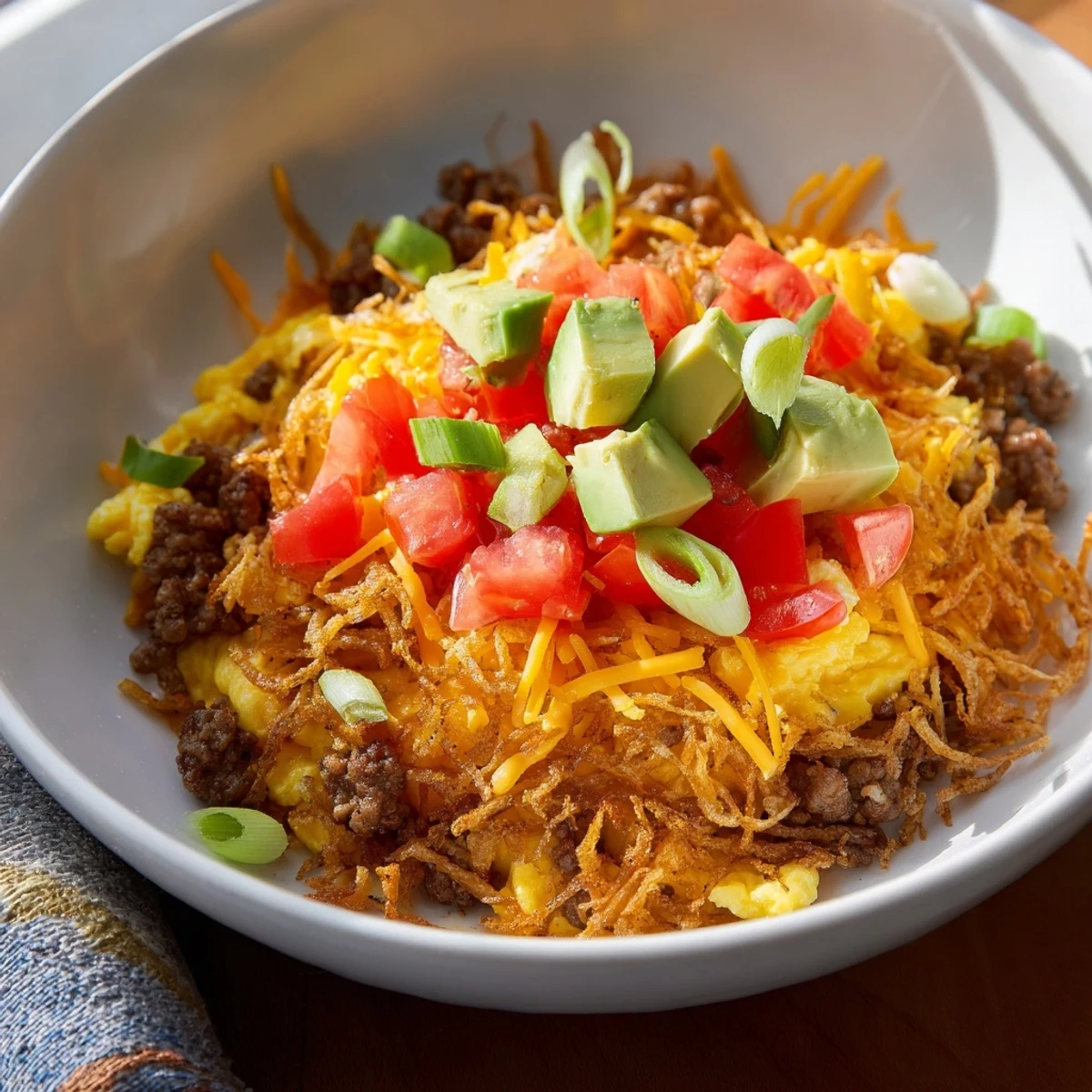 Warm Hash Brown Breakfast Bowls feature tender sausage, creamy eggs, and crisp veggies for a satisfying American breakfast bowl.