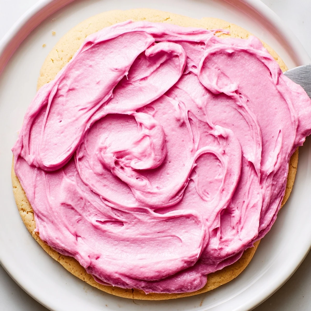 Freshly baked Crumbl Pink Sugar Cookies with soft centers and vibrant pink almond frosting on a marble countertop.