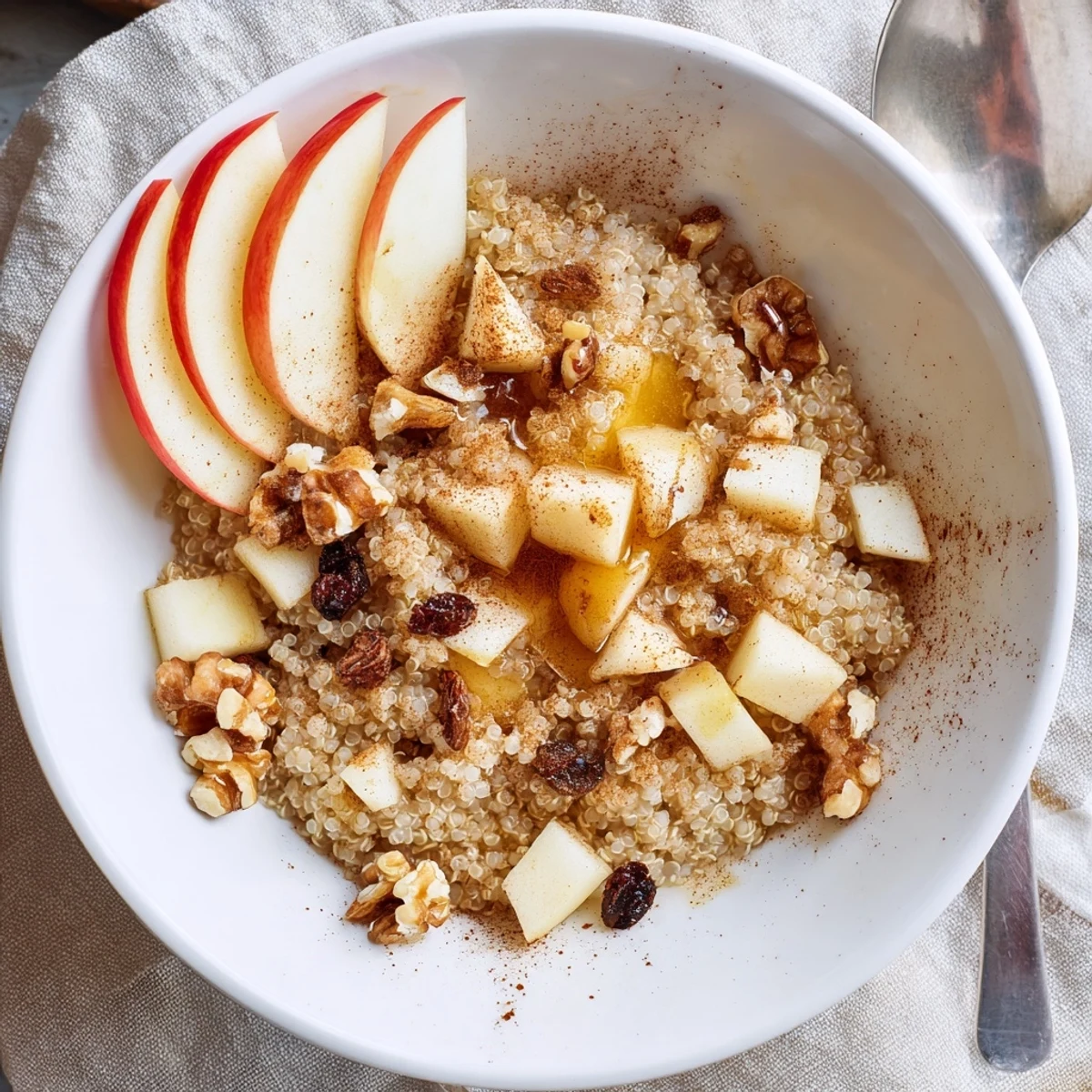 A bowl of Healthy Quinoa Apple Breakfast with fluffy grains, cinnamon-scented apples, and crunchy walnuts on top.