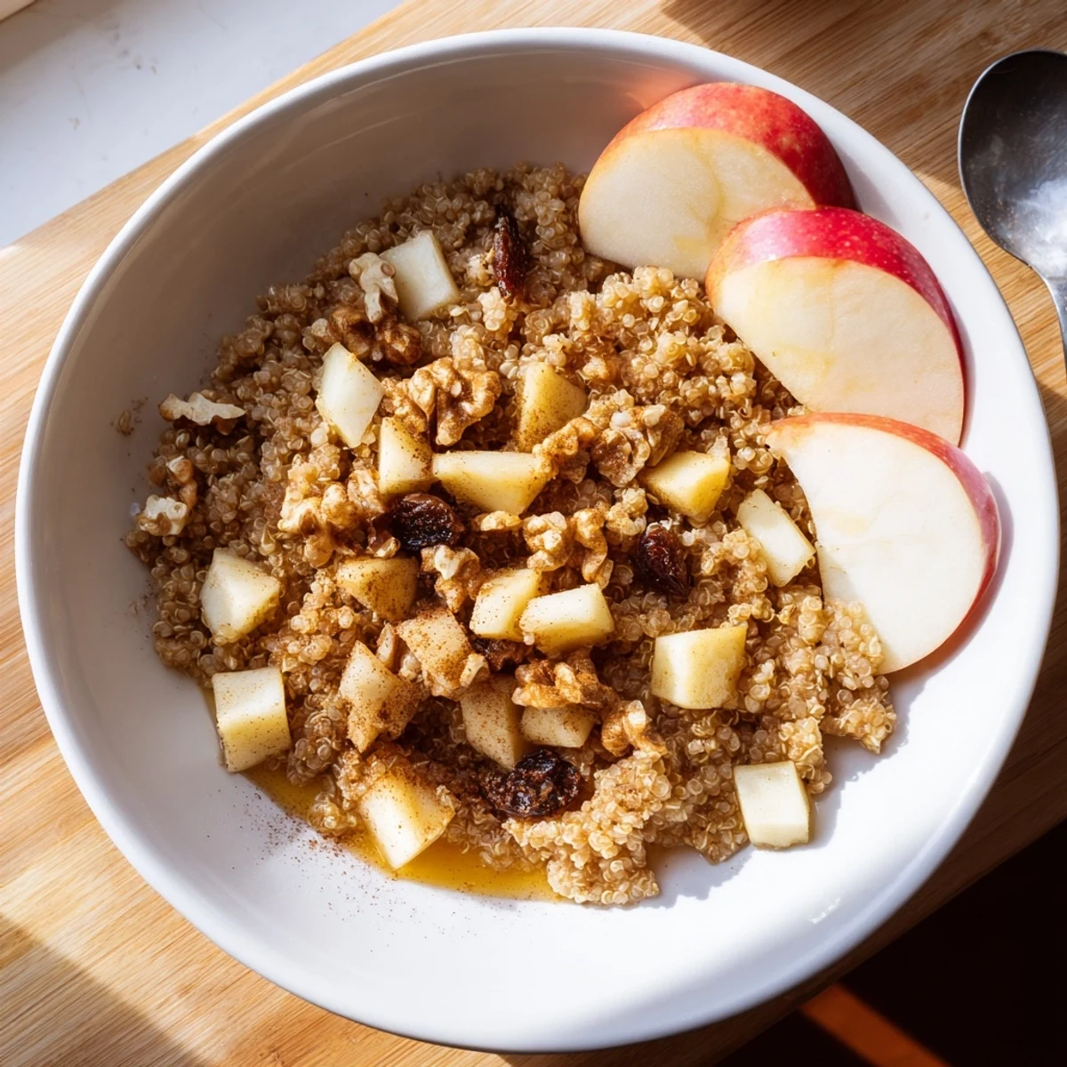 Healthy Quinoa Apple Breakfast served warm in a white bowl with diced apples, golden quinoa, and honey drizzle.