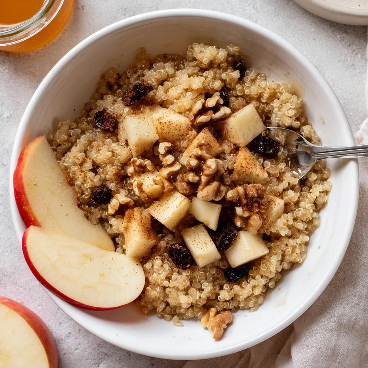 Steaming Healthy Quinoa Apple Breakfast topped with raisins and pecans, perfect with a side of yogurt for a creamy bite.