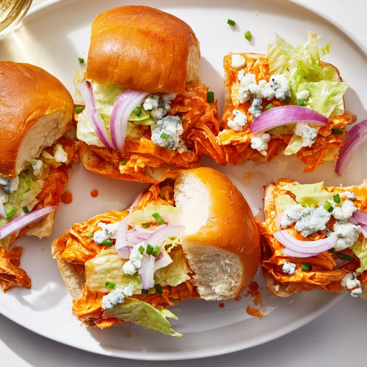 Juicy shredded chicken coated in spicy Buffalo sauce with crisp lettuce and blue cheese on soft slider buns.  