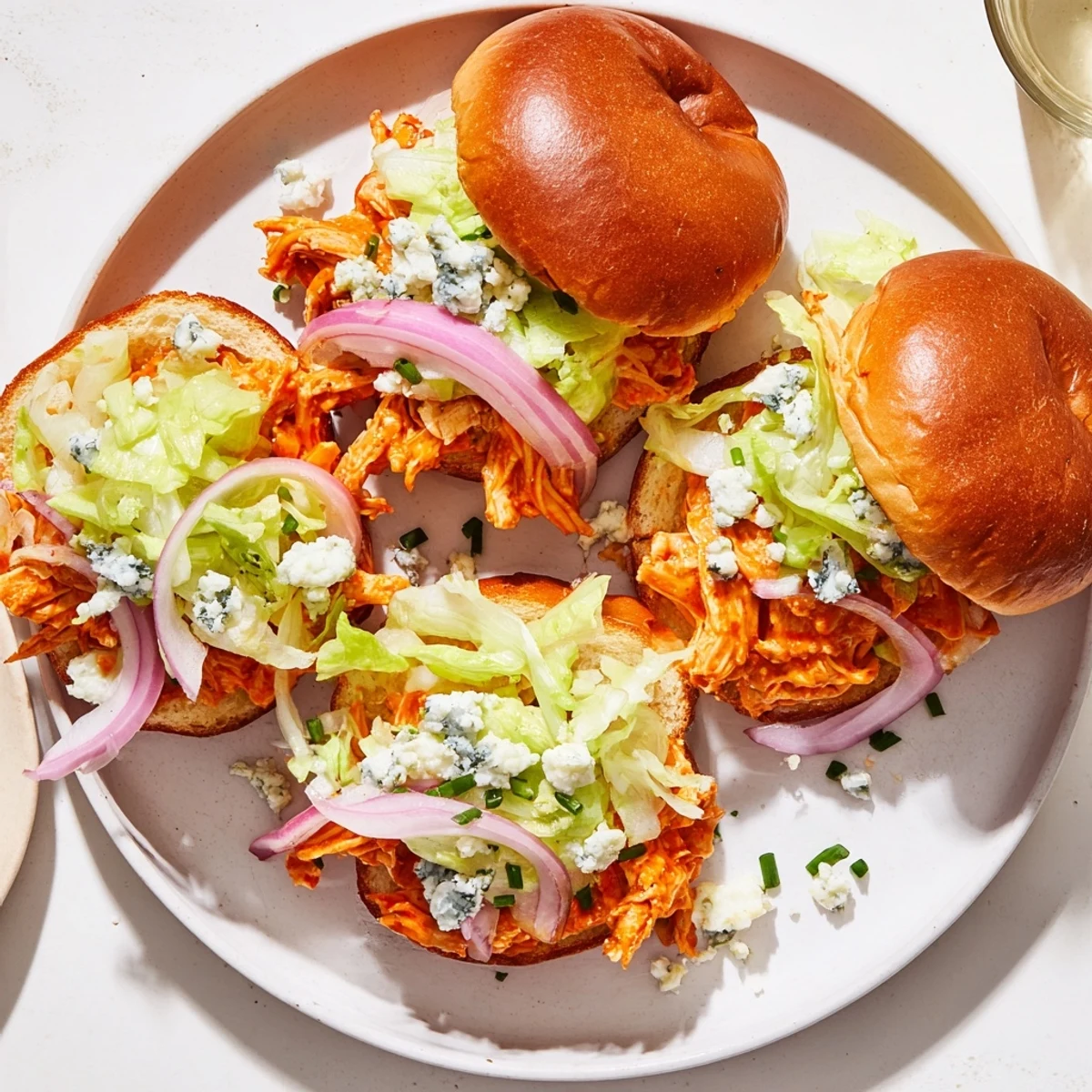 Freshly baked Spicy Buffalo Chicken Sliders featuring tender chicken, creamy cheese, and vibrant red onions for game day.  