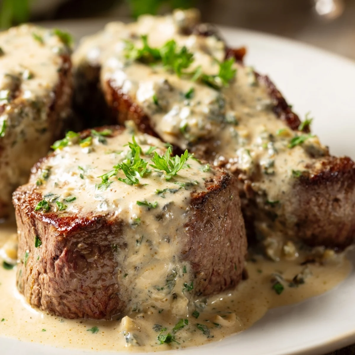 Freshly seared Garlic Butter Steak With Parmesan Cream Sauce medallions glistening with melted butter and topped with a creamy white sauce.