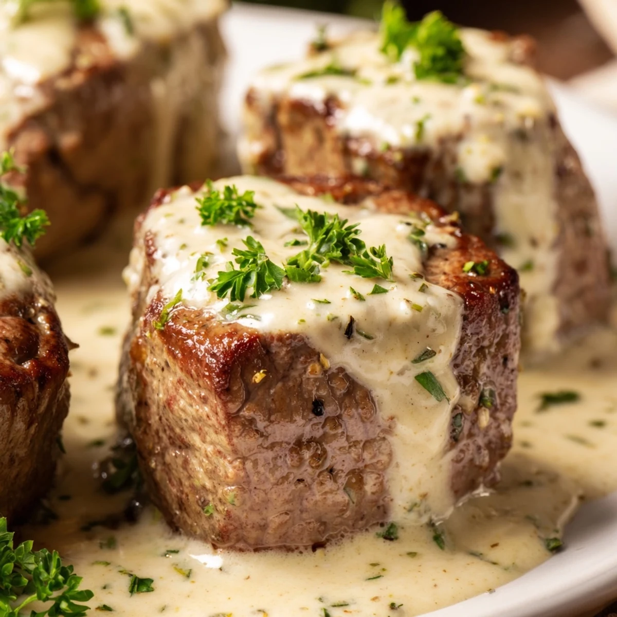 Garlic Butter Steak With Parmesan Cream Sauce served hot with a drizzle of golden sauce and fresh parsley garnish.