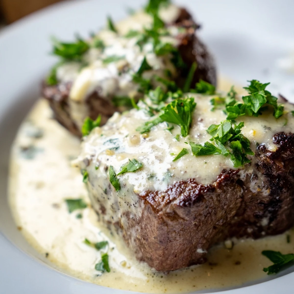 Juicy Garlic Butter Steak With Parmesan Cream Sauce resting in a skillet with garlic cloves and thyme sprigs nearby.