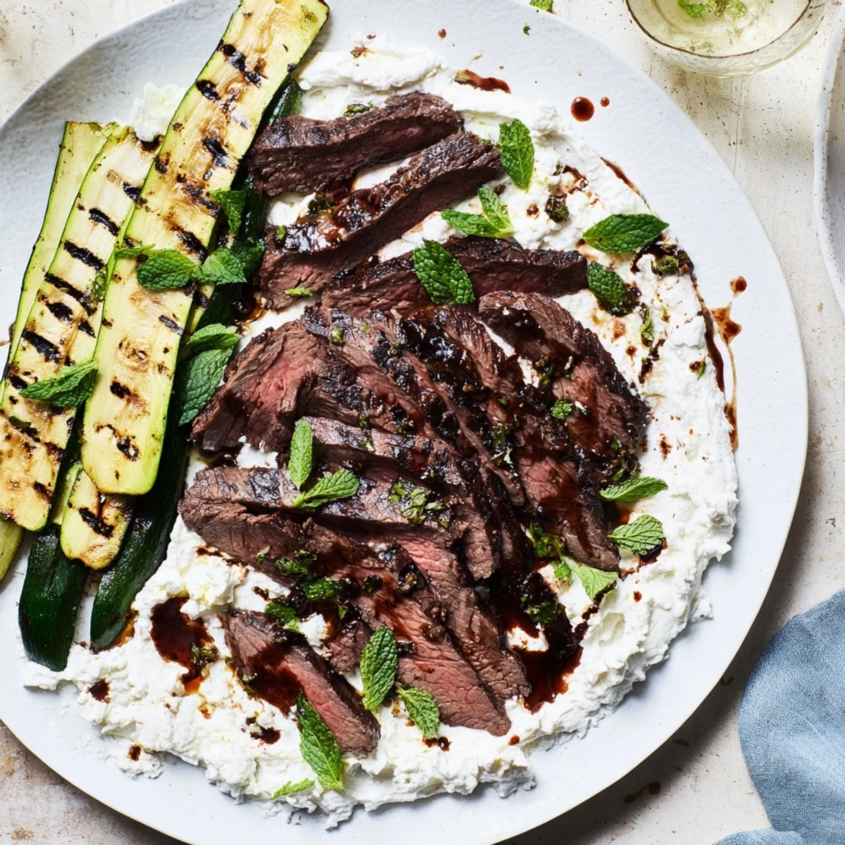 Sliced Balsamic Flank Steak with charred grilled zucchini and creamy whipped feta on a white platter, garnished with fresh mint.