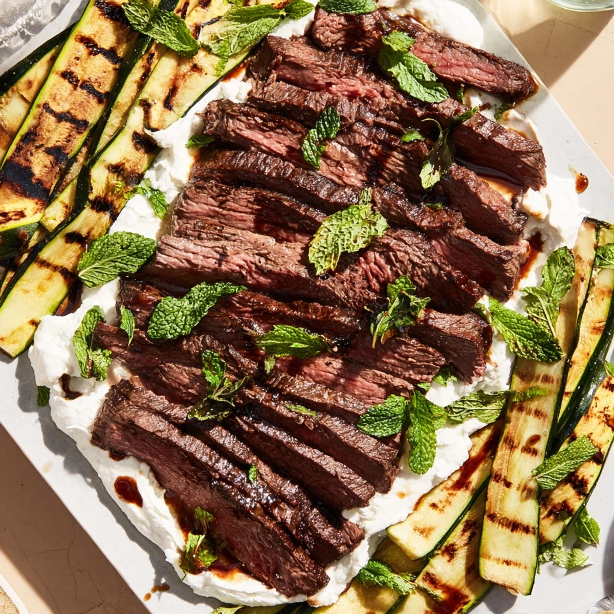 Juicy Balsamic Flank Steak rests beside smoky grilled zucchini and a dollop of whipped feta for a Mediterranean summer dinner.