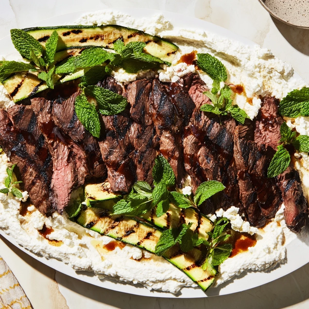 A close-up of tender Balsamic Flank Steak layered over whipped feta, with balsamic drizzle and grilled zucchini for a gluten-free meal.