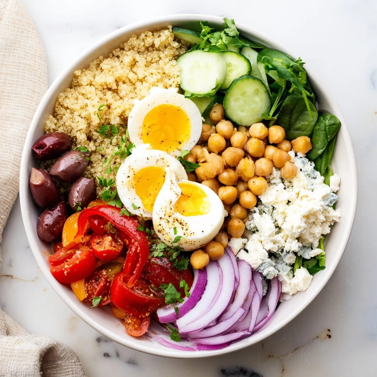 High Protein Mediterranean Breakfast Bowls served in a white bowl with Greek yogurt, chickpeas, and feta.