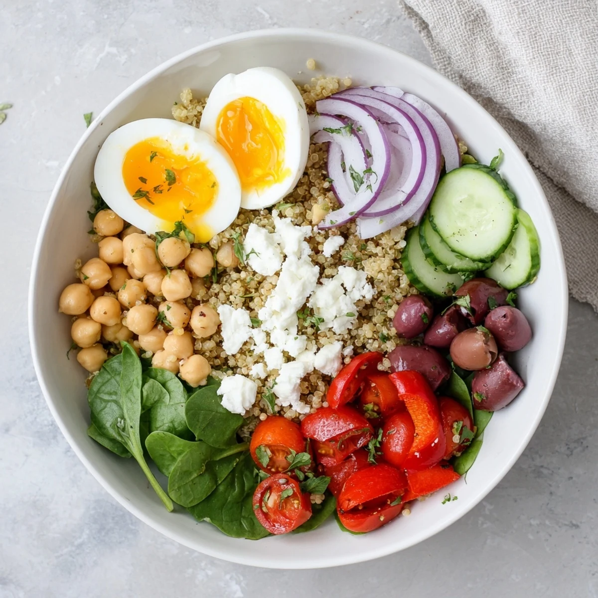 High Protein Mediterranean Breakfast Bowls topped with jammy eggs, olives, and fresh parsley over quinoa.