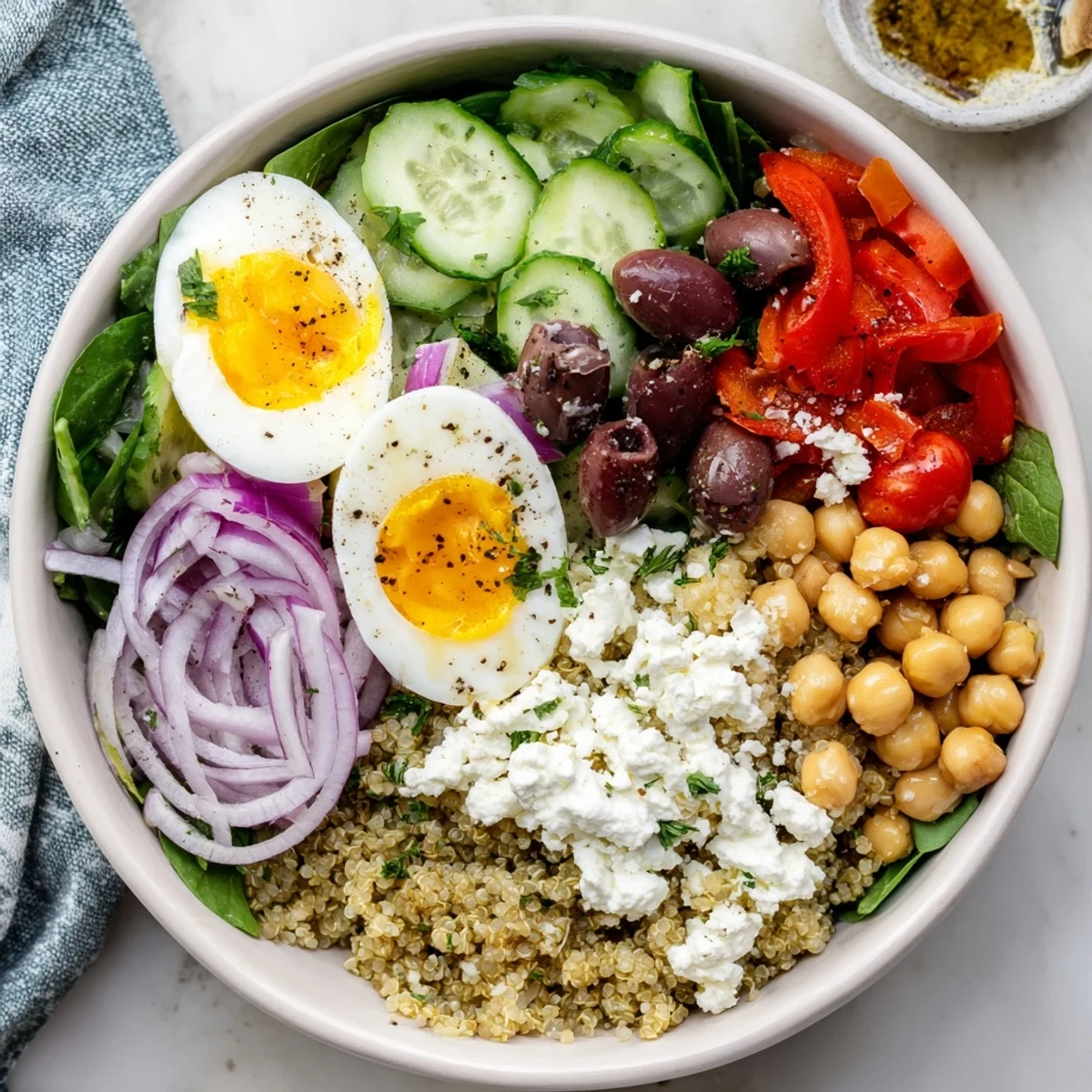 A vibrant High Protein Mediterranean Breakfast Bowls plated with cherry tomatoes, cucumbers, and a lemon wedge.