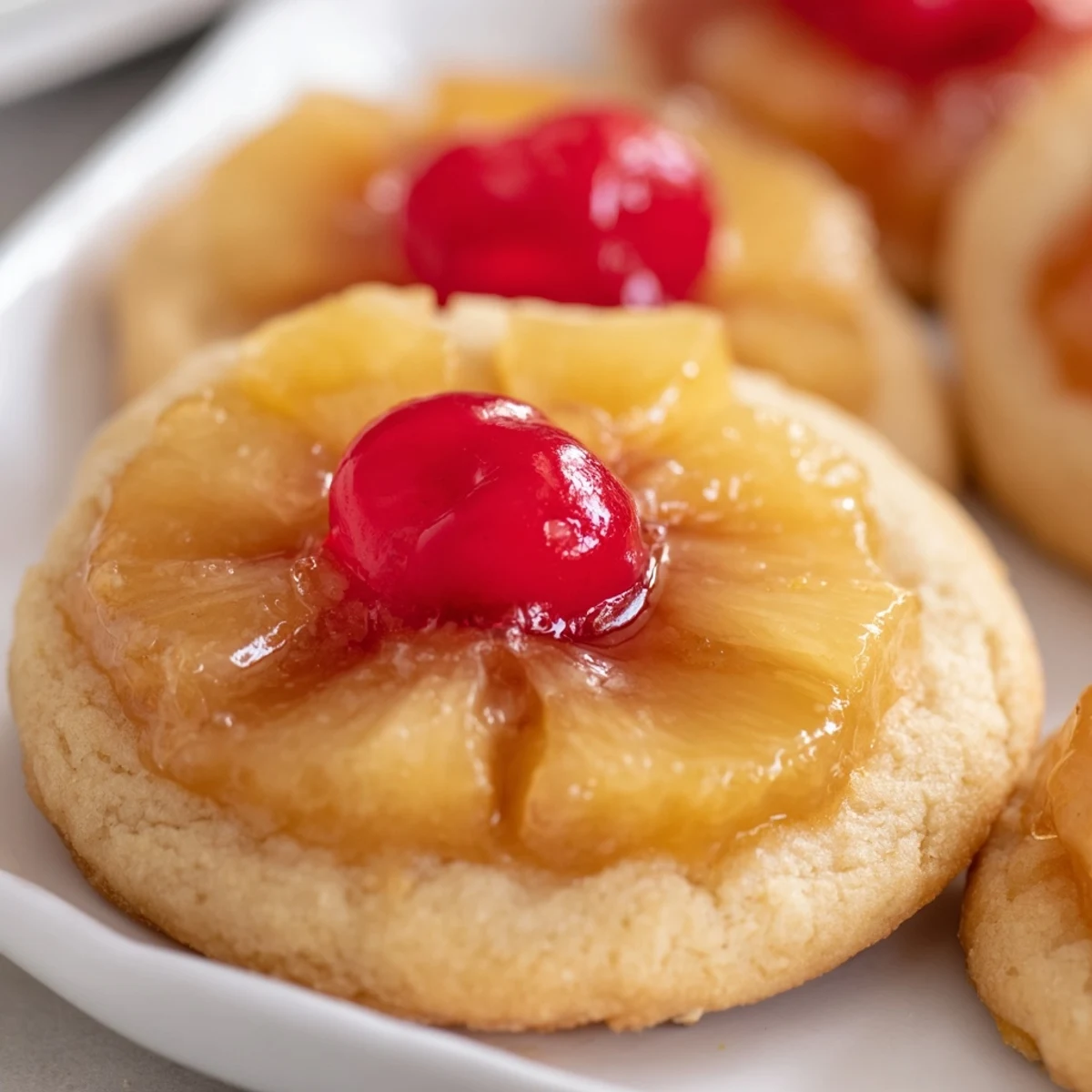 Golden Pineapple Upside Down Sugar Cookies sit on a wire rack with caramelized pineapple and bright red cherries glistening on top.  