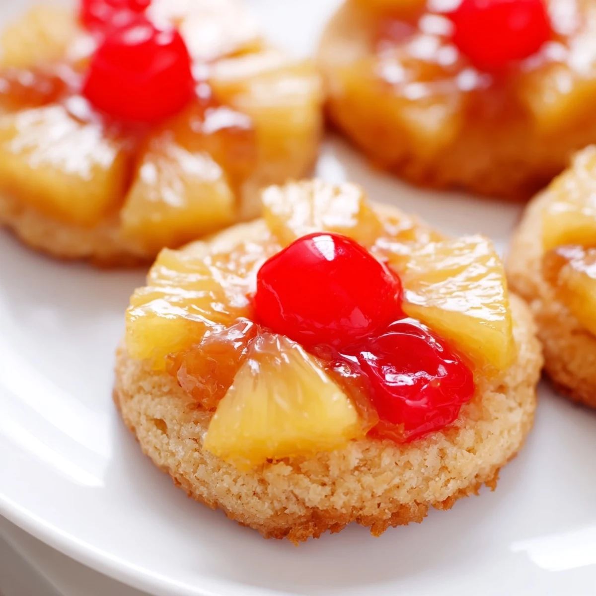 This baked Pineapple Upside Down Sugar Cookies recipe shows a soft, chewy texture with bubbling brown sugar edges.  