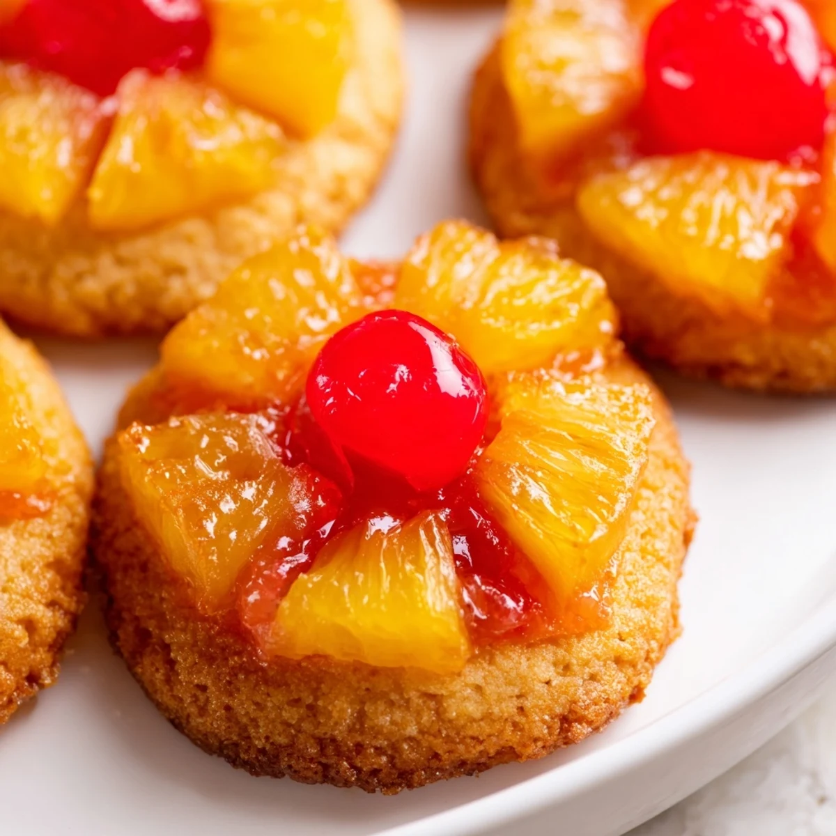 Pineapple Upside Down Sugar Cookies are arranged on a wooden board, ready to serve with vanilla ice cream.