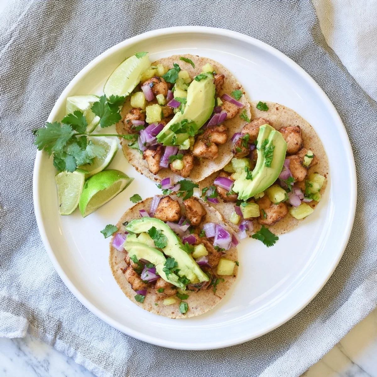 Juicy grilled pineapple chicken tacos with avocado and cilantro, served on warm corn tortillas for a vibrant, fresh meal.