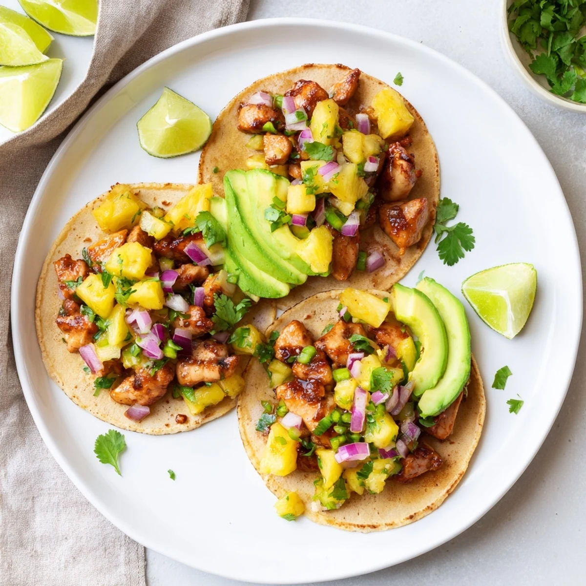 Tender marinated chicken and sweet pineapple salsa fill these pineapple chicken tacos, paired with lime wedges for extra zest.
