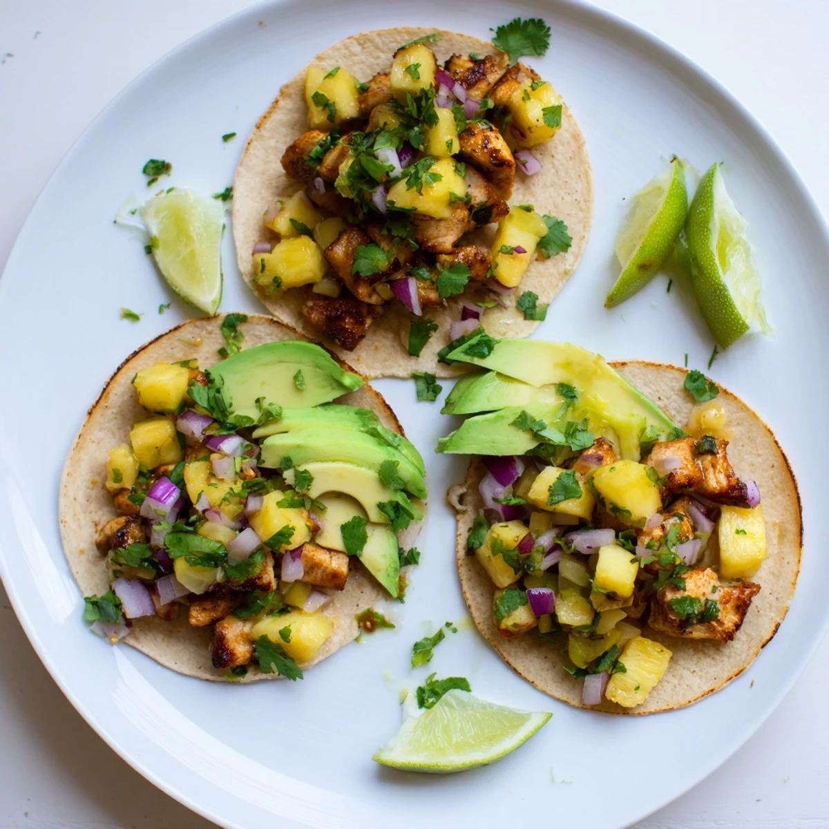 Bright pineapple chicken tacos topped with crisp red onion and jalapeño, ready to enjoy at a festive summer gathering.