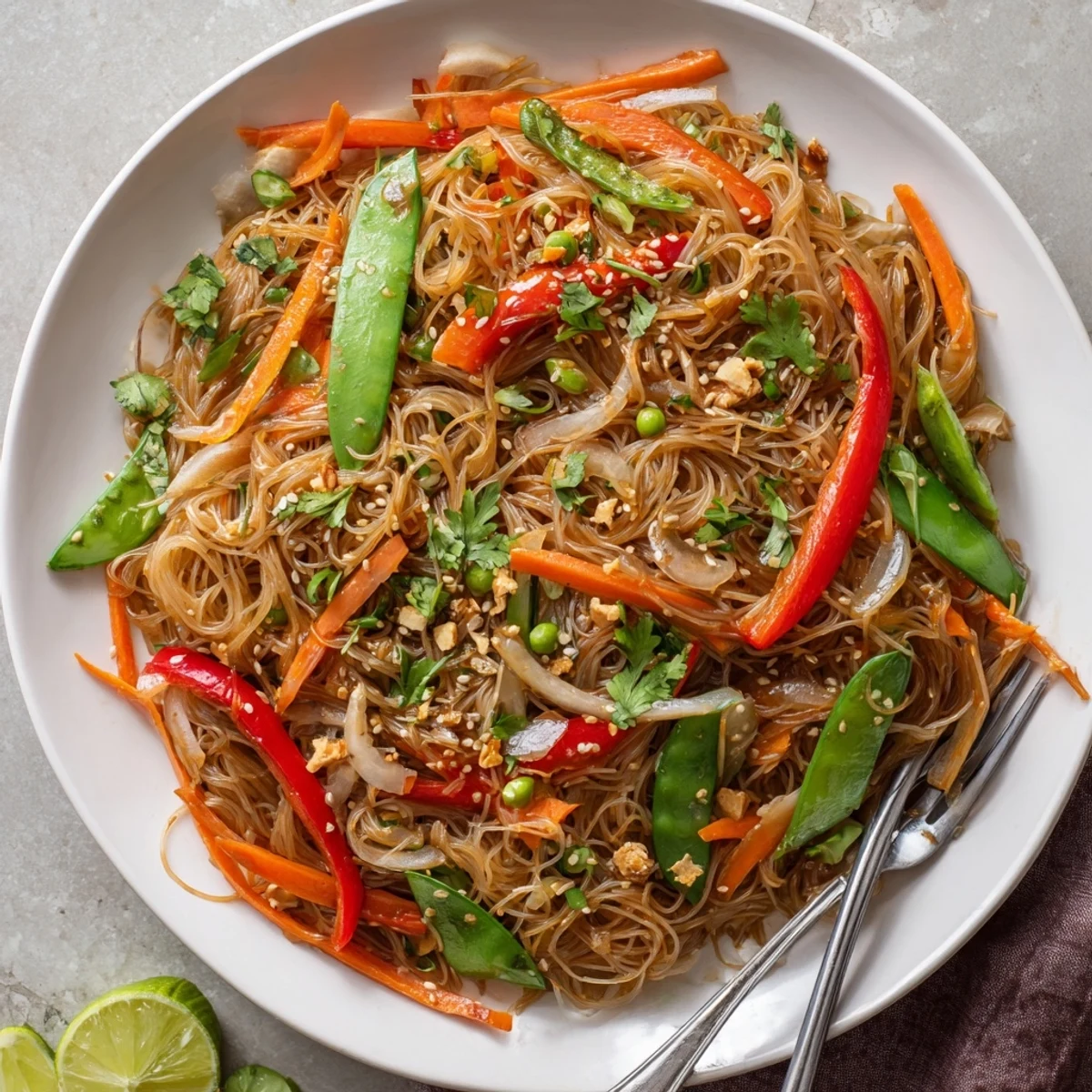 Plated Rice Noodle Stir Fry with colorful vegetables, sesame seeds, and lime wedges.