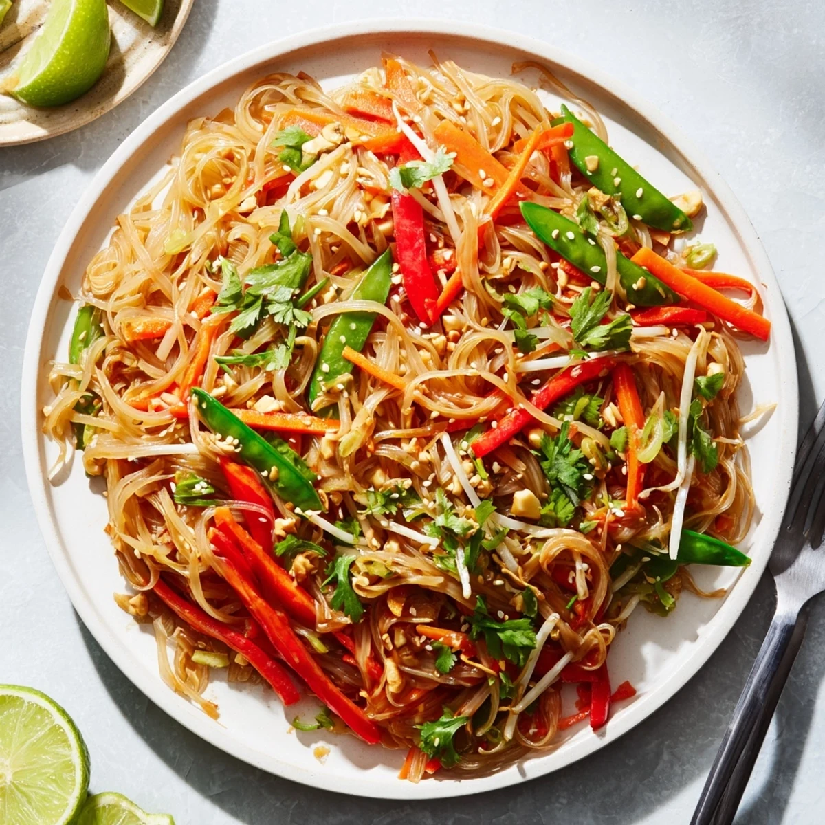 Steaming rice noodles and crisp veggies in a wok for a quick Rice Noodle Stir Fry.