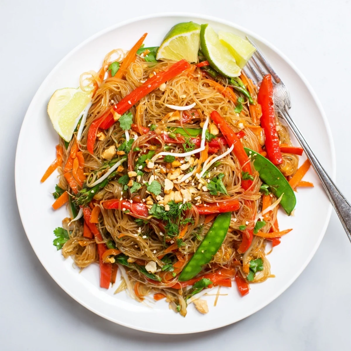A vibrant pan of Rice Noodle Stir Fry ready to serve with fresh cilantro.
