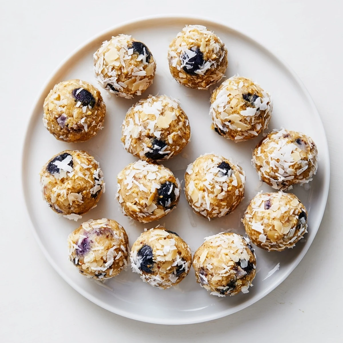 Fresh Lemon Blueberry Cottage Cheese Protein Bites on a wooden board with blueberries.