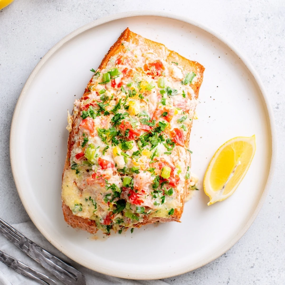Golden baked Crab & Shrimp Stuffed Salmon fillets resting on a white plate with lemon wedges and fresh parsley garnish.