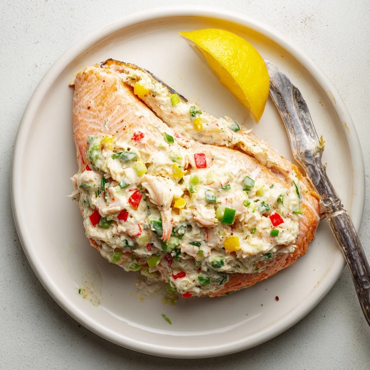 A close-up side view of Crab & Shrimp Stuffed Salmon showing the tender pink salmon and chunky seafood filling.