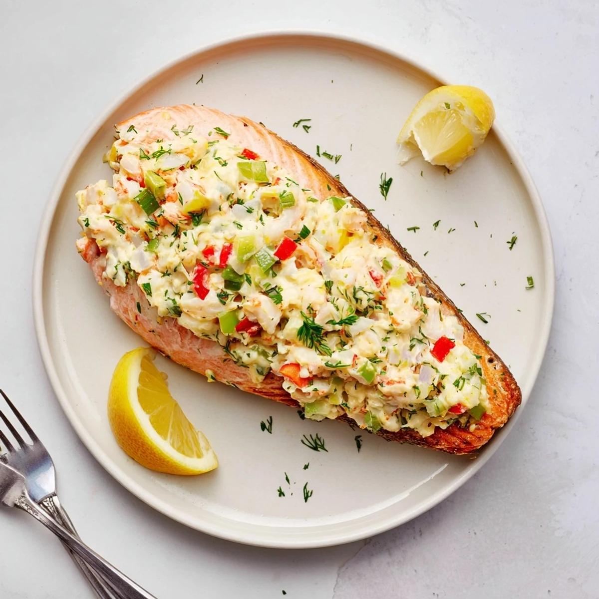 Crab & Shrimp Stuffed Salmon served alongside roasted asparagus spears and fluffy wild rice on a rustic dinner table.