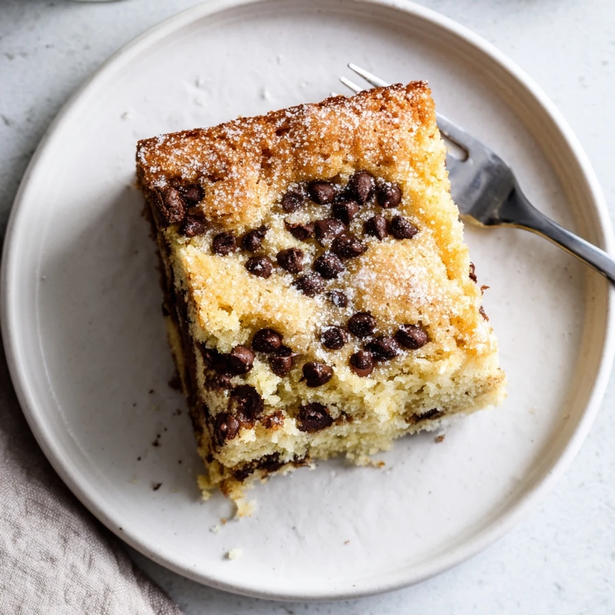 Freshly baked Chocolate Chip Cake with golden edges, chocolate chips visible in every slice, served on a rustic plate.